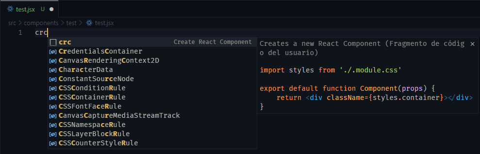 Inserción de un componente de React a través de un snippet en Visual Studio Code